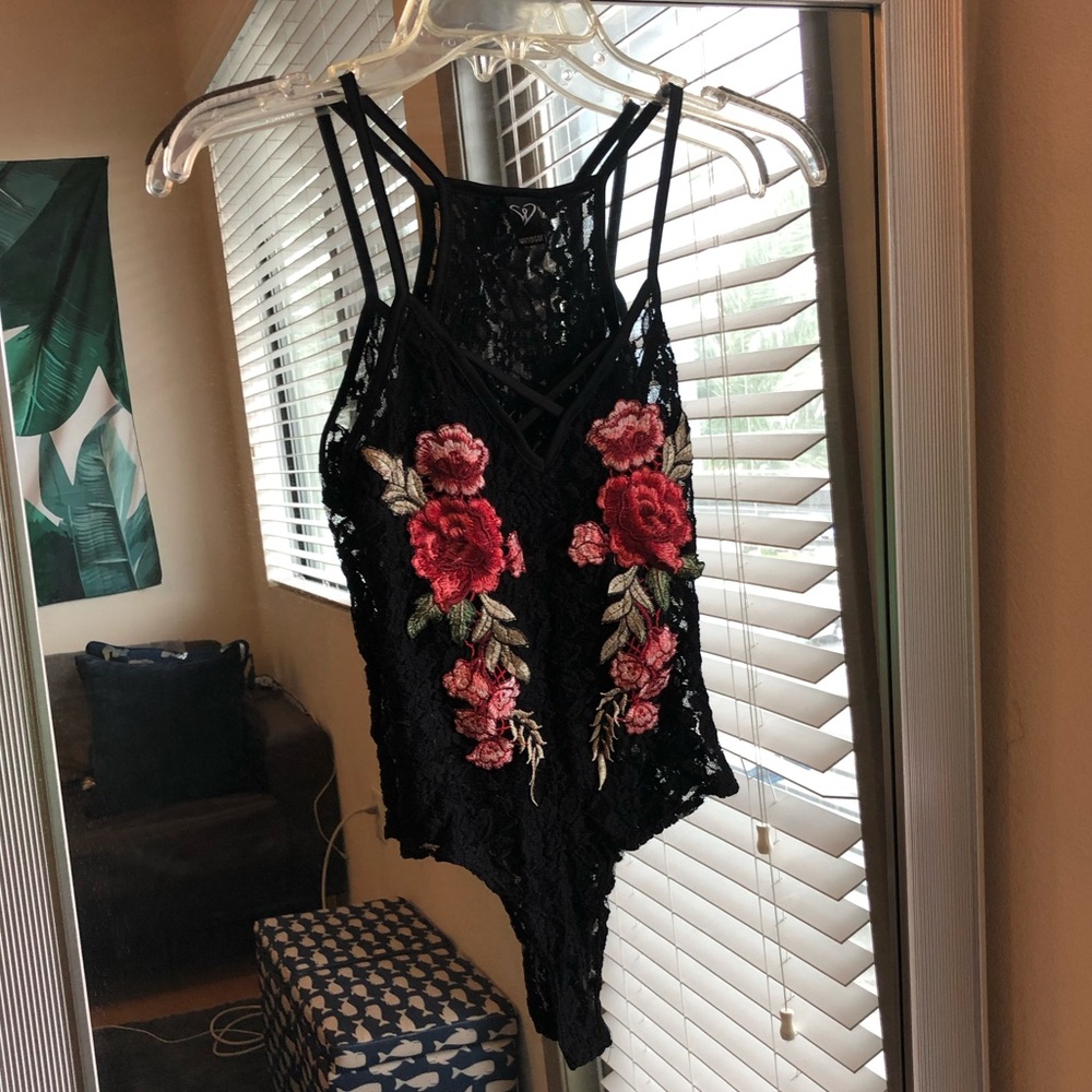 Black Lace Embroidered Bodysuit